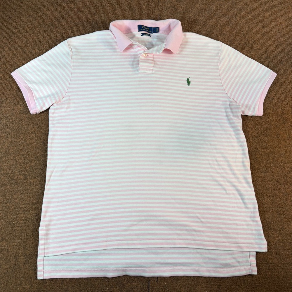 Polo Ralph Lauren Mens Custom Fit Striped Polo Shirt Pink White Size L 3031